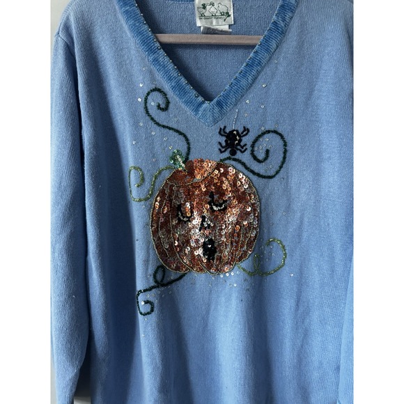 Quacker Factory Sweater Womens Large Halloween Pumpkin Sequin Pullover Spider - Picture 3 of 10